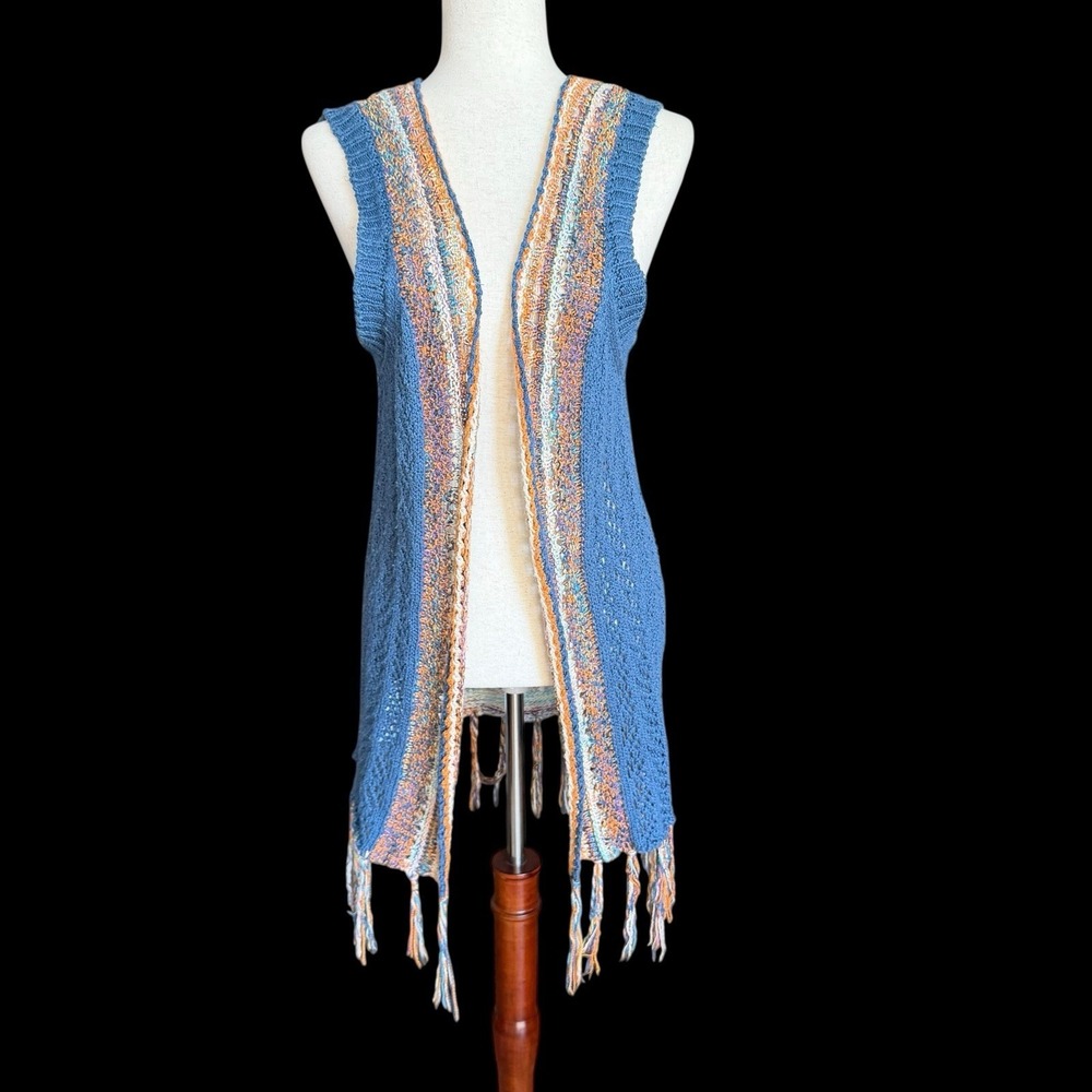 Poof Boho Multicolor‎ Crochet Open Vest LARGE Cardigan Tassels Fringe Festival